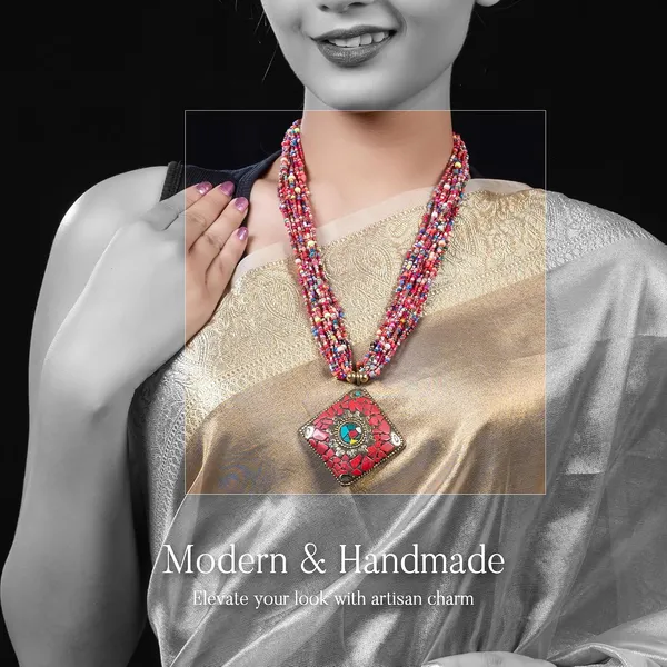 Multi_Strand_Beaded_Necklace_With_Pendant_For_Women_Girls_Long_Layered_Seed_Bead_Neckpiece_Ethnic_Statement_Jewelry_Lightweight_Design_With_Button_Clasp_For_Wardrobe_Styling_Gifting