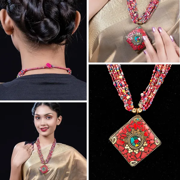 Multi_Strand_Beaded_Necklace_With_Pendant_For_Women_Girls_Long_Layered_Seed_Bead_Neckpiece_Ethnic_Statement_Jewelry_Lightweight_Design_With_Button_Clasp_For_Wardrobe_Styling_Gifting