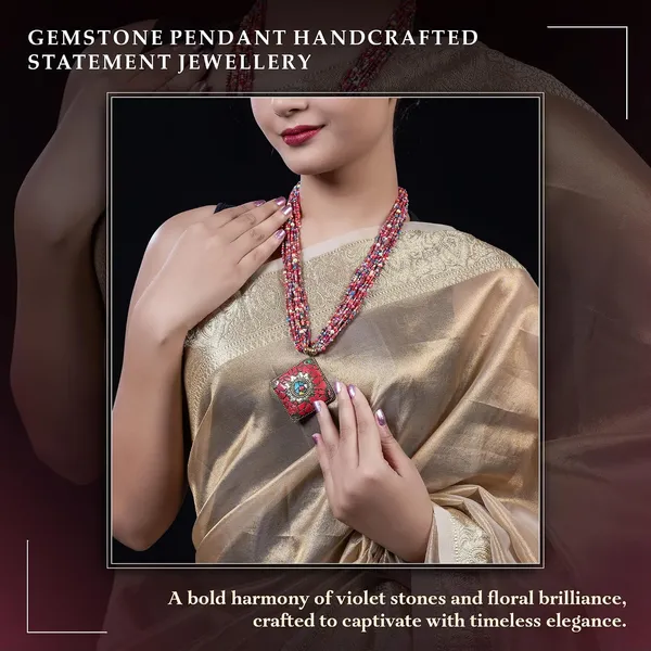 Multi_Strand_Beaded_Necklace_With_Pendant_For_Women_Girls_Long_Layered_Seed_Bead_Neckpiece_Ethnic_Statement_Jewelry_Lightweight_Design_With_Button_Clasp_For_Wardrobe_Styling_Gifting