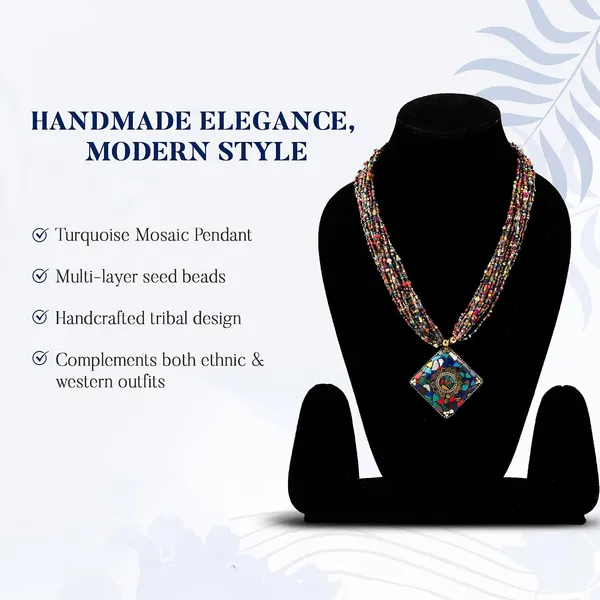 Multi_Strand_Beaded_Necklace_With_Pendant_For_Women_Girls_Long_Layered_Seed_Bead_Neckpiece_Ethnic_Statement_Jewelry_Lightweight_Design_With_Button_Clasp_For_Wardrobe_Styling_Gifting