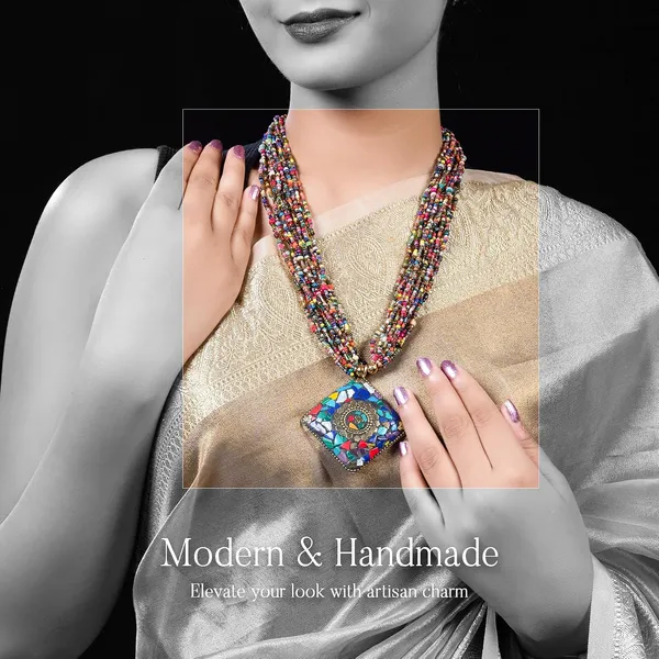 Multi_Strand_Beaded_Necklace_With_Pendant_For_Women_Girls_Long_Layered_Seed_Bead_Neckpiece_Ethnic_Statement_Jewelry_Lightweight_Design_With_Button_Clasp_For_Wardrobe_Styling_Gifting