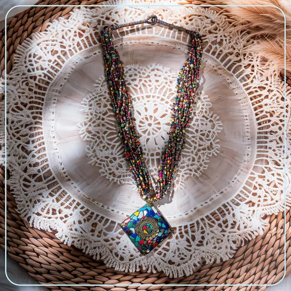 Multi_Strand_Beaded_Necklace_With_Pendant_For_Women_Girls_Long_Layered_Seed_Bead_Neckpiece_Ethnic_Statement_Jewelry_Lightweight_Design_With_Button_Clasp_For_Wardrobe_Styling_Gifting
