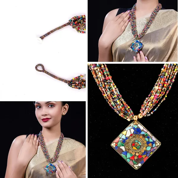 Multi_Strand_Beaded_Necklace_With_Pendant_For_Women_Girls_Long_Layered_Seed_Bead_Neckpiece_Ethnic_Statement_Jewelry_Lightweight_Design_With_Button_Clasp_For_Wardrobe_Styling_Gifting