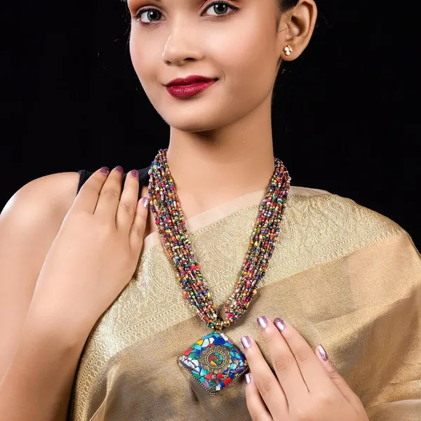 Multi_Strand_Beaded_Necklace_With_Pendant_For_Women_Girls_Long_Layered_Seed_Bead_Neckpiece_Ethnic_Statement_Jewelry_Lightweight_Design_With_Button_Clasp_For_Wardrobe_Styling_Gifting