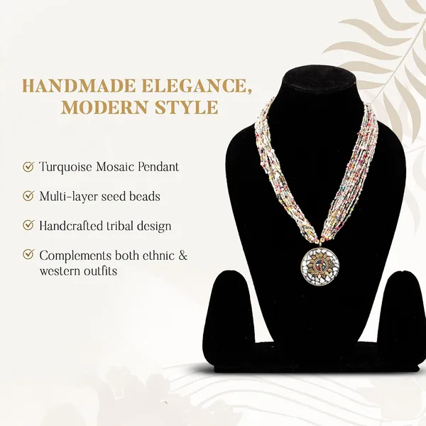 Multi_Strand_Beaded_Necklace_With_Pendant_For_Women_Girls_Long_Layered_Seed_Bead_Neckpiece_Ethnic_Statement_Jewelry_Lightweight_Design_With_Button_Clasp_For_Wardrobe_Styling_Gifting