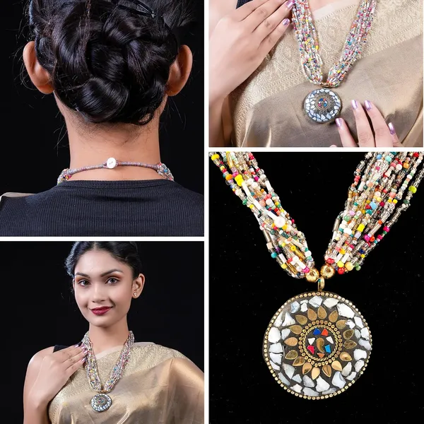 Multi_Strand_Beaded_Necklace_With_Pendant_For_Women_Girls_Long_Layered_Seed_Bead_Neckpiece_Ethnic_Statement_Jewelry_Lightweight_Design_With_Button_Clasp_For_Wardrobe_Styling_Gifting