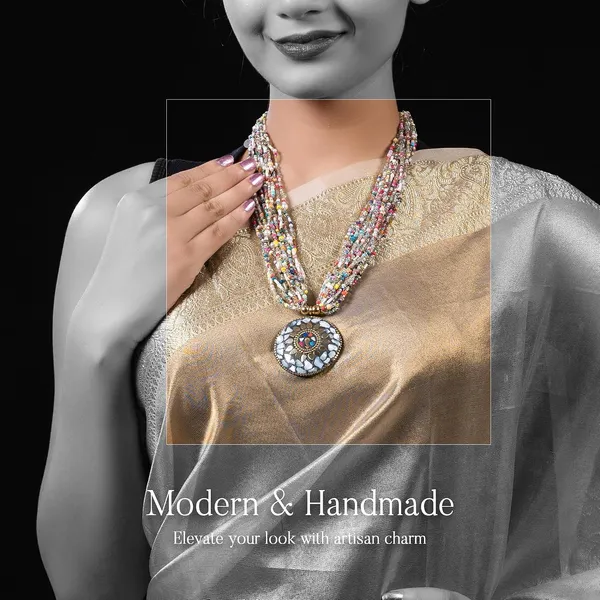Multi_Strand_Beaded_Necklace_With_Pendant_For_Women_Girls_Long_Layered_Seed_Bead_Neckpiece_Ethnic_Statement_Jewelry_Lightweight_Design_With_Button_Clasp_For_Wardrobe_Styling_Gifting