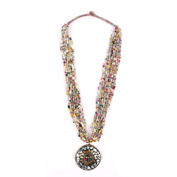 Multi_Strand_Beaded_Necklace_With_Pendant_For_Women_Girls_Long_Layered_Seed_Bead_Neckpiece_Ethnic_Statement_Jewelry_Lightweight_Design_With_Button_Clasp_For_Wardrobe_Styling_Gifting