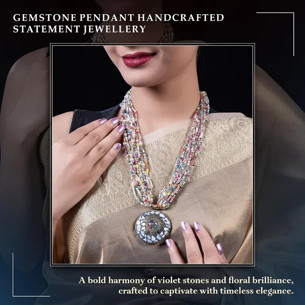 Multi_Strand_Beaded_Necklace_With_Pendant_For_Women_Girls_Long_Layered_Seed_Bead_Neckpiece_Ethnic_Statement_Jewelry_Lightweight_Design_With_Button_Clasp_For_Wardrobe_Styling_Gifting