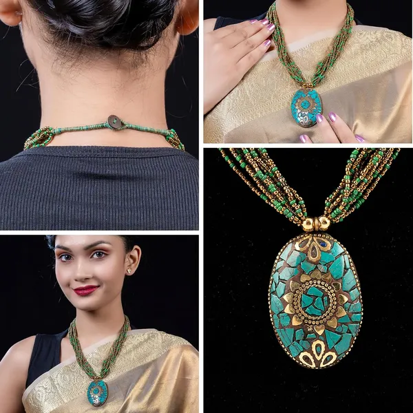 Multi_Strand_Beaded_Necklace_With_Pendant_For_Women_Girls_Long_Layered_Seed_Bead_Neckpiece_Ethnic_Statement_Jewelry_Lightweight_Design_With_Button_Clasp_For_Wardrobe_Styling_Gifting