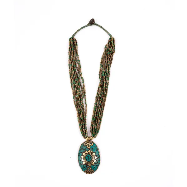 Multi_Strand_Beaded_Necklace_With_Pendant_For_Women_Girls_Long_Layered_Seed_Bead_Neckpiece_Ethnic_Statement_Jewelry_Lightweight_Design_With_Button_Clasp_For_Wardrobe_Styling_Gifting