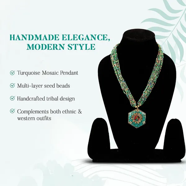 Multi_Strand_Beaded_Necklace_With_Pendant_For_Women_Girls_Long_Layered_Seed_Bead_Neckpiece_Ethnic_Statement_Jewelry_Lightweight_Design_With_Button_Clasp_For_Wardrobe_Styling_Gifting