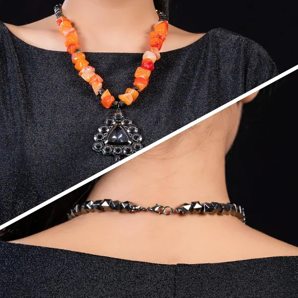 Tumble_Shaped_Beaded_Necklace_With_Geometric_Designed_Gemstone_Pendant_Handcrafted_Statement_Jewellery_For_Women_Girls_Hook_Clasp_Ethnic_Contemporary_Neckpiece_For_Wardrobe_Styling_Gifting