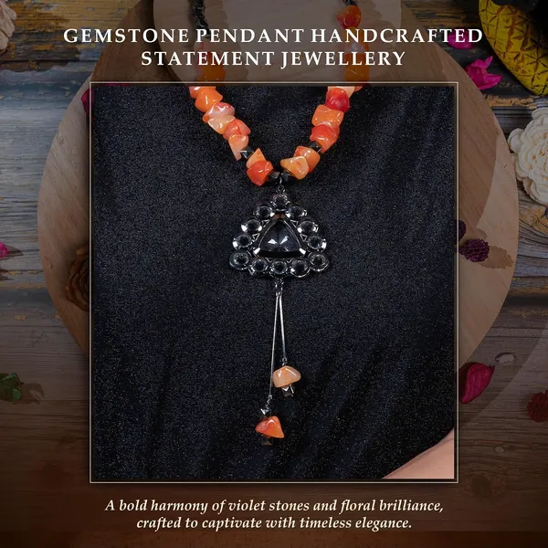 Tumble_Shaped_Beaded_Necklace_With_Geometric_Designed_Gemstone_Pendant_Handcrafted_Statement_Jewellery_For_Women_Girls_Hook_Clasp_Ethnic_Contemporary_Neckpiece_For_Wardrobe_Styling_Gifting