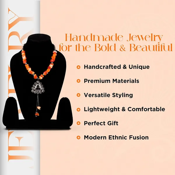 Tumble_Shaped_Beaded_Necklace_With_Geometric_Designed_Gemstone_Pendant_Handcrafted_Statement_Jewellery_For_Women_Girls_Hook_Clasp_Ethnic_Contemporary_Neckpiece_For_Wardrobe_Styling_Gifting