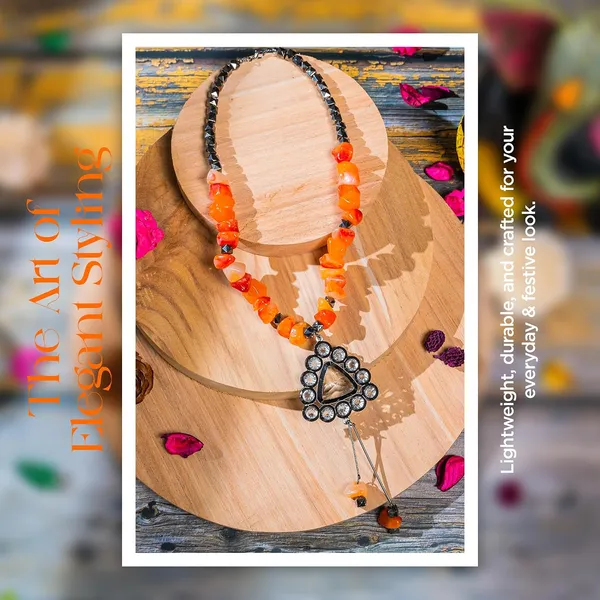 Tumble_Shaped_Beaded_Necklace_With_Geometric_Designed_Gemstone_Pendant_Handcrafted_Statement_Jewellery_For_Women_Girls_Hook_Clasp_Ethnic_Contemporary_Neckpiece_For_Wardrobe_Styling_Gifting