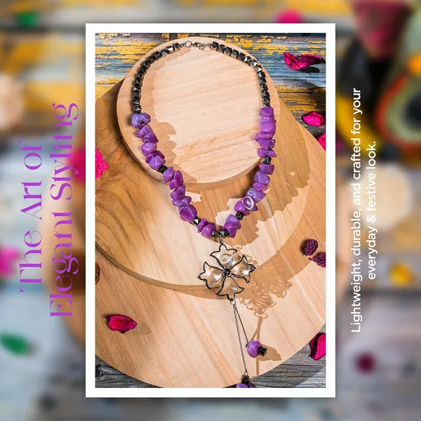 Tumble_Shaped_Beaded_Necklace_With_Geometric_Designed_Gemstone_Pendant_Handcrafted_Statement_Jewellery_For_Women_Girls_Hook_Clasp_Ethnic_Contemporary_Neckpiece_For_Wardrobe_Styling_Gifting