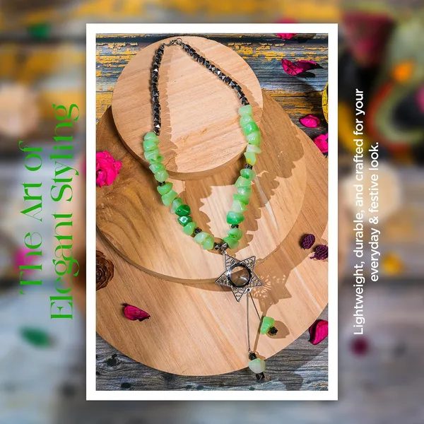 Tumble_Shaped_Beaded_Necklace_With_Geometric_Designed_Gemstone_Pendant_Handcrafted_Statement_Jewellery_For_Women_Girls_Hook_Clasp_Ethnic_Contemporary_Neckpiece_For_Wardrobe_Styling_Gifting