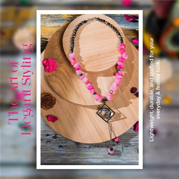Tumble_Shaped_Beaded_Necklace_With_Geometric_Designed_Gemstone_Pendant_Handcrafted_Statement_Jewellery_For_Women_Girls_Hook_Clasp_Ethnic_Contemporary_Neckpiece_For_Wardrobe_Styling_Gifting