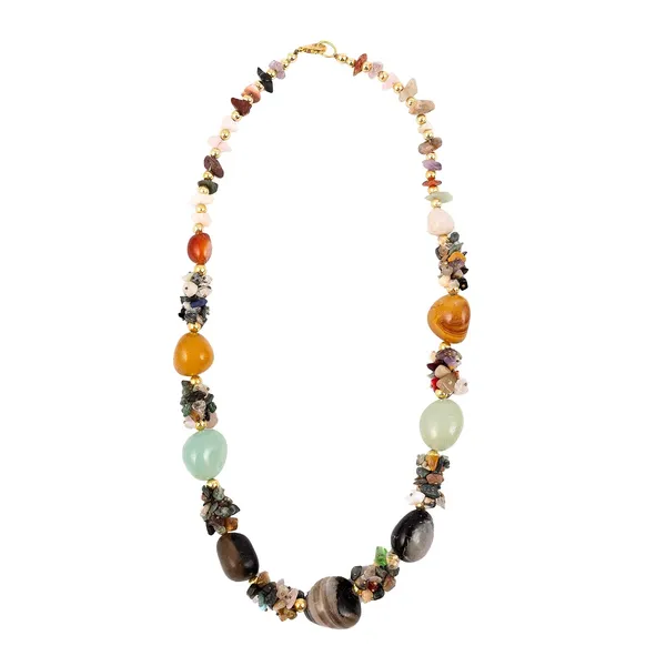 Multi_Stone_Crafted_Beads_Necklace_For_Women_Girls_Ethnic_Boho_Tribal_Statement_Jewellry_With_Hook_Clasp_Handcrafted_Mixed_Beaded_Design_With_Gold_Tone_Spacer_For_Wardrobe_Styling_Gifting