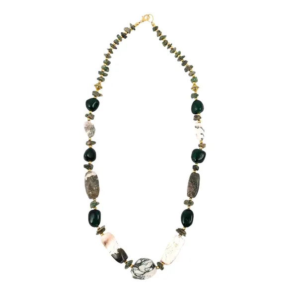 Multi_Stone_Crafted_Beads_Necklace_For_Women_Girls_Ethnic_Boho_Tribal_Statement_Jewellry_With_Hook_Clasp_Handcrafted_Mixed_Beaded_Design_With_Gold_Tone_Spacer_For_Wardrobe_Styling_Gifting