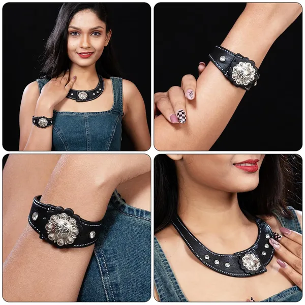 Softy_Crystal_Leather_Necklace_With_Bracelet_Set_Handcrafted_Statement_Jewelry_With_Floral_Concho_Motif_Secure_Snap_Button_Clasp_For_Women_And_Girls