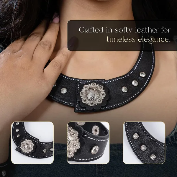 Softy_Crystal_Leather_Necklace_With_Bracelet_Set_Handcrafted_Statement_Jewelry_With_Floral_Concho_Motif_Secure_Snap_Button_Clasp_For_Women_And_Girls