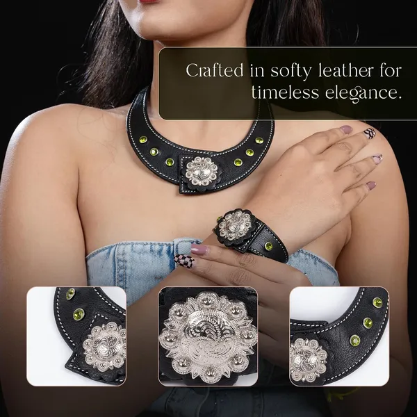 Softy_Crystal_Leather_Necklace_With_Bracelet_Set_Handcrafted_Statement_Jewelry_With_Floral_Concho_Motif_Secure_Snap_Button_Clasp_For_Women_And_Girls