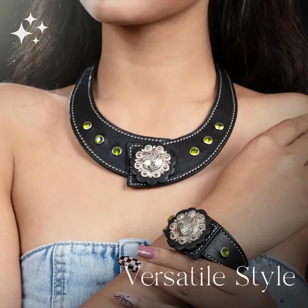 Softy_Crystal_Leather_Necklace_With_Bracelet_Set_Handcrafted_Statement_Jewelry_With_Floral_Concho_Motif_Secure_Snap_Button_Clasp_For_Women_And_Girls