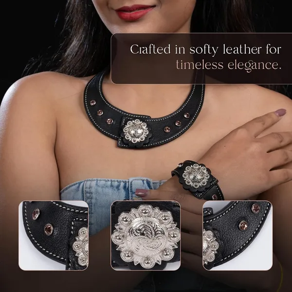 Softy_Crystal_Leather_Necklace_With_Bracelet_Set_Handcrafted_Statement_Jewelry_With_Floral_Concho_Motif_Secure_Snap_Button_Clasp_For_Women_And_Girls