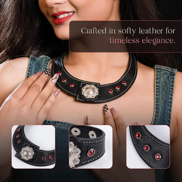Softy_Crystal_Leather_Necklace_With_Bracelet_Set_Handcrafted_Statement_Jewelry_With_Floral_Concho_Motif_Secure_Snap_Button_Clasp_For_Women_And_Girls