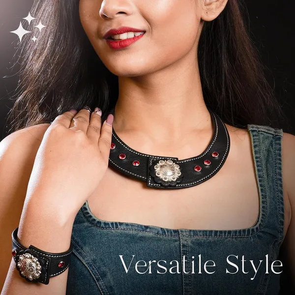 Softy_Crystal_Leather_Necklace_With_Bracelet_Set_Handcrafted_Statement_Jewelry_With_Floral_Concho_Motif_Secure_Snap_Button_Clasp_For_Women_And_Girls