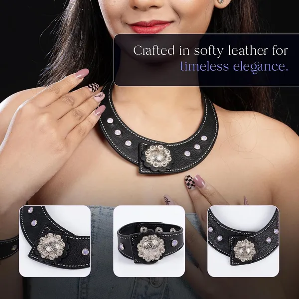 Softy_Crystal_Leather_Necklace_With_Bracelet_Set_Handcrafted_Statement_Jewelry_With_Floral_Concho_Motif_Secure_Snap_Button_Clasp_For_Women_And_Girls