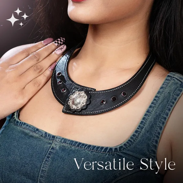Softy_Crystal_Leather_Necklace_With_Bracelet_Set_Handcrafted_Statement_Jewelry_With_Floral_Concho_Motif_Secure_Snap_Button_Clasp_For_Women_And_Girls