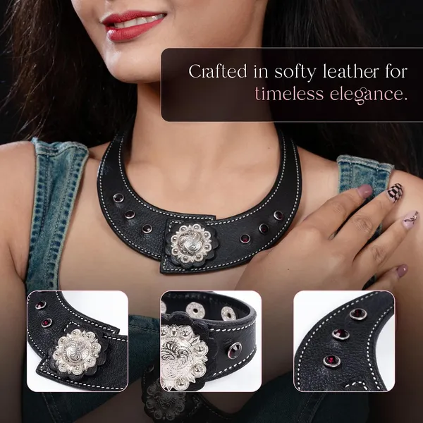 Softy_Crystal_Leather_Necklace_With_Bracelet_Set_Handcrafted_Statement_Jewelry_With_Floral_Concho_Motif_Secure_Snap_Button_Clasp_For_Women_And_Girls