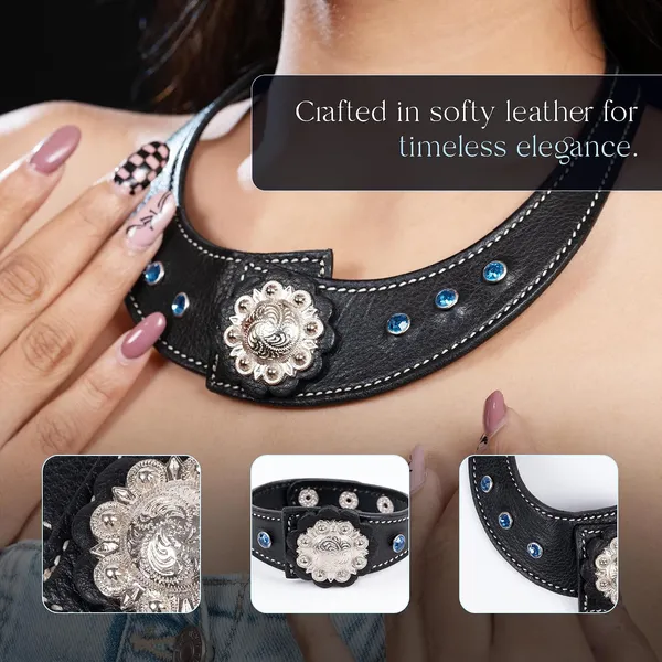 Softy_Crystal_Leather_Necklace_With_Bracelet_Set_Handcrafted_Statement_Jewelry_With_Floral_Concho_Motif_Secure_Snap_Button_Clasp_For_Women_And_Girls