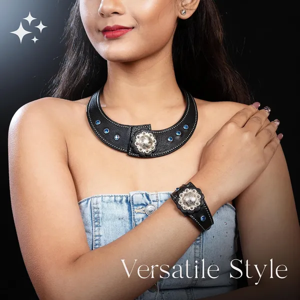 Softy_Crystal_Leather_Necklace_With_Bracelet_Set_Handcrafted_Statement_Jewelry_With_Floral_Concho_Motif_Secure_Snap_Button_Clasp_For_Women_And_Girls