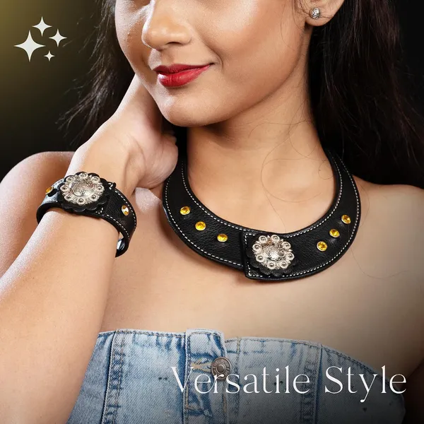 Softy_Crystal_Leather_Necklace_With_Bracelet_Set_Handcrafted_Statement_Jewelry_With_Floral_Concho_Motif_Secure_Snap_Button_Clasp_For_Women_And_Girls