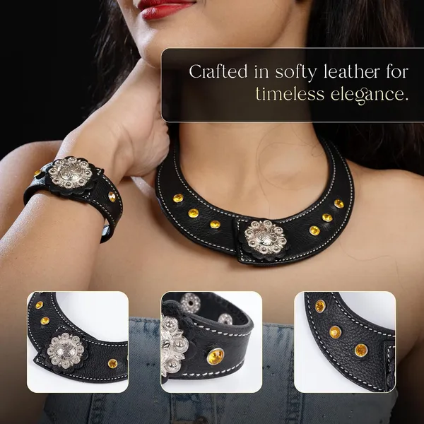 Softy_Crystal_Leather_Necklace_With_Bracelet_Set_Handcrafted_Statement_Jewelry_With_Floral_Concho_Motif_Secure_Snap_Button_Clasp_For_Women_And_Girls