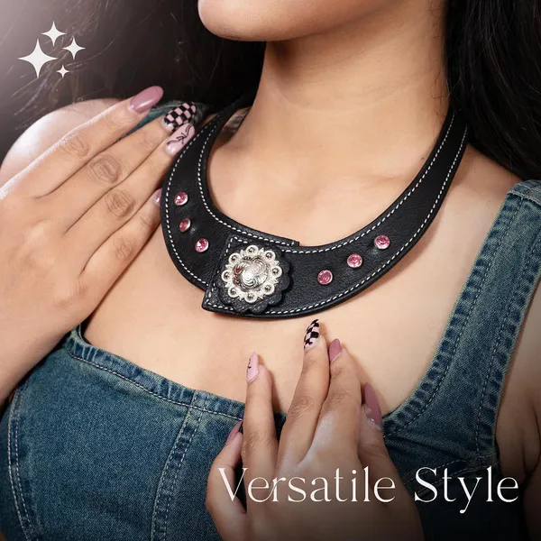 Softy_Crystal_Leather_Necklace_With_Bracelet_Set_Handcrafted_Statement_Jewelry_With_Floral_Concho_Motif_Secure_Snap_Button_Clasp_For_Women_And_Girls