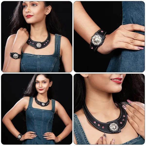 Softy_Crystal_Leather_Necklace_With_Bracelet_Set_Handcrafted_Statement_Jewelry_With_Floral_Concho_Motif_Secure_Snap_Button_Clasp_For_Women_And_Girls