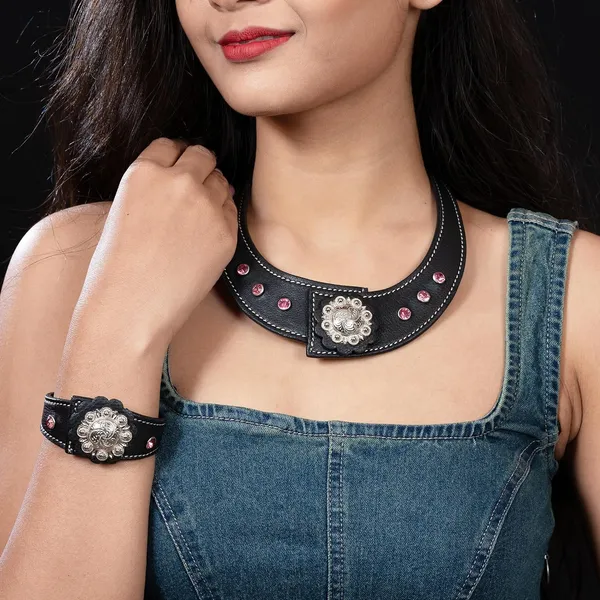 Softy_Crystal_Leather_Necklace_With_Bracelet_Set_Handcrafted_Statement_Jewelry_With_Floral_Concho_Motif_Secure_Snap_Button_Clasp_For_Women_And_Girls