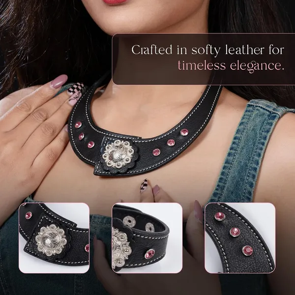 Softy_Crystal_Leather_Necklace_With_Bracelet_Set_Handcrafted_Statement_Jewelry_With_Floral_Concho_Motif_Secure_Snap_Button_Clasp_For_Women_And_Girls