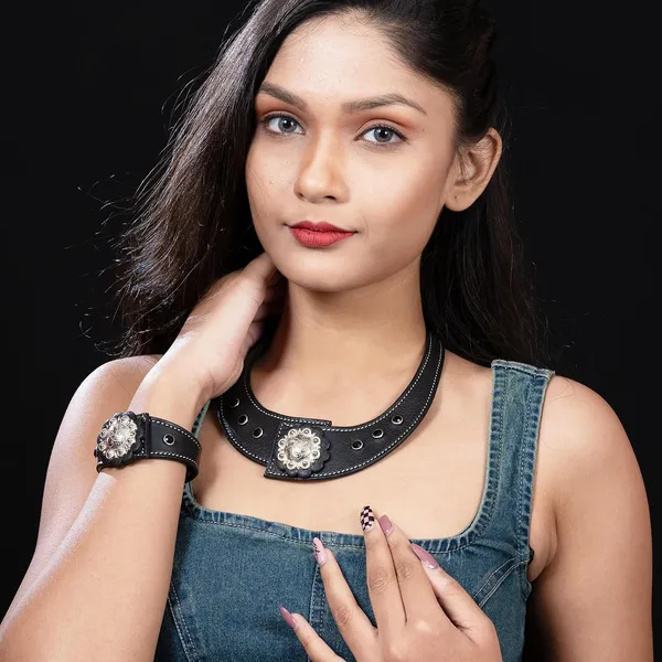 Softy_Crystal_Leather_Necklace_With_Bracelet_Set_Handcrafted_Statement_Jewelry_With_Floral_Concho_Motif_Secure_Snap_Button_Clasp_For_Women_And_Girls