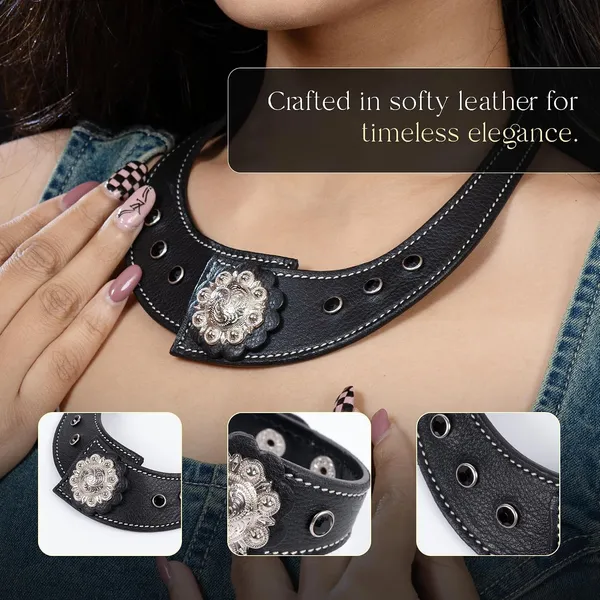 Softy_Crystal_Leather_Necklace_With_Bracelet_Set_Handcrafted_Statement_Jewelry_With_Floral_Concho_Motif_Secure_Snap_Button_Clasp_For_Women_And_Girls