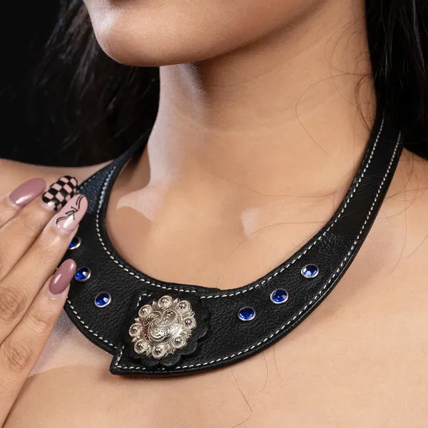 Softy_Crystal_Leather_Necklace_With_Bracelet_Set_Handcrafted_Statement_Jewelry_With_Floral_Concho_Motif_Secure_Snap_Button_Clasp_For_Women_And_Girls