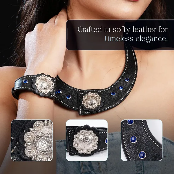 Softy_Crystal_Leather_Necklace_With_Bracelet_Set_Handcrafted_Statement_Jewelry_With_Floral_Concho_Motif_Secure_Snap_Button_Clasp_For_Women_And_Girls