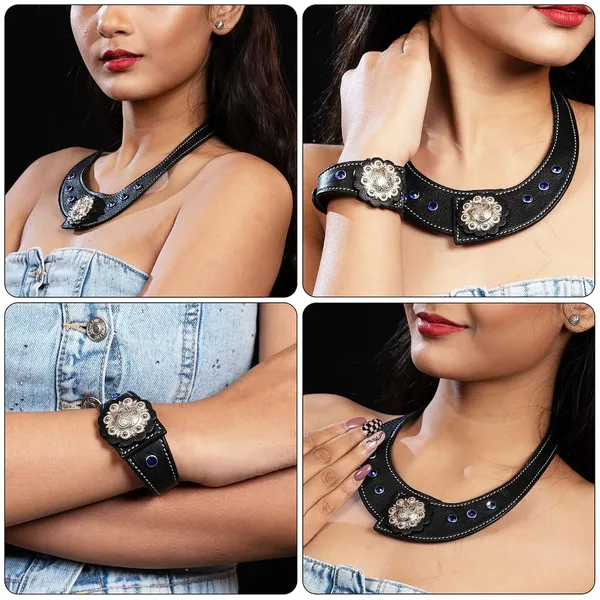Softy_Crystal_Leather_Necklace_With_Bracelet_Set_Handcrafted_Statement_Jewelry_With_Floral_Concho_Motif_Secure_Snap_Button_Clasp_For_Women_And_Girls