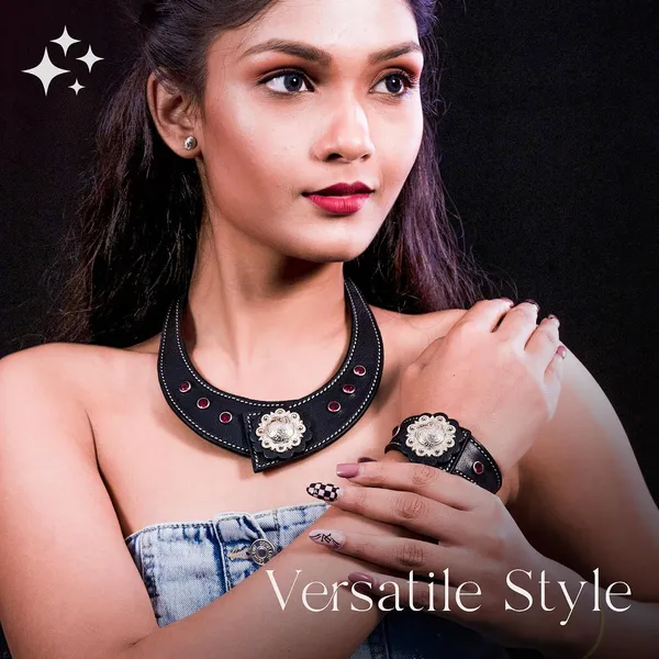 Softy_Crystal_Leather_Necklace_With_Bracelet_Set_Handcrafted_Statement_Jewelry_With_Floral_Concho_Motif_Secure_Snap_Button_Clasp_For_Women_And_Girls