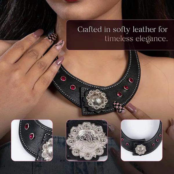 Softy_Crystal_Leather_Necklace_With_Bracelet_Set_Handcrafted_Statement_Jewelry_With_Floral_Concho_Motif_Secure_Snap_Button_Clasp_For_Women_And_Girls